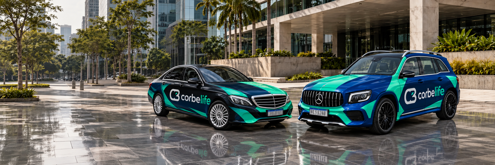 Mercedes C180 2018 preta e Mercedes GLB 200 2020 azul com identidade CorbeLife